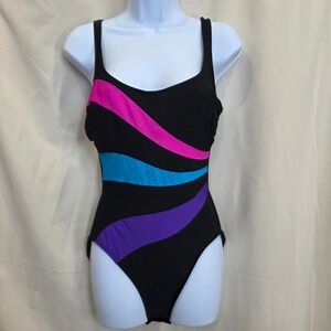 The Slimsuit Black One Piece Swimsuit Size 12 Retro 80s 90s Color Block